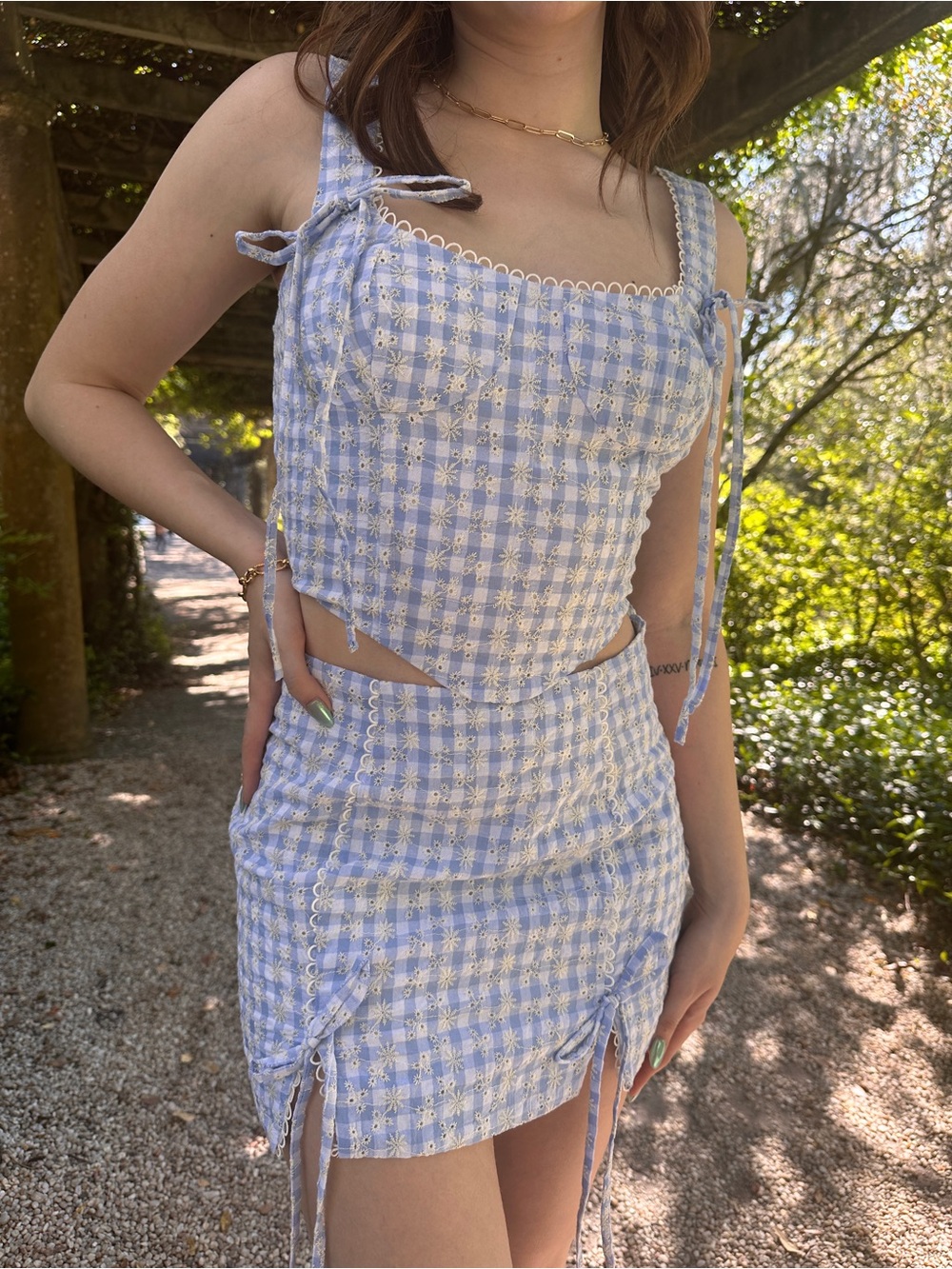 Emory park Light Blue and White Gingham Floral Eyelet Lace Mini Set